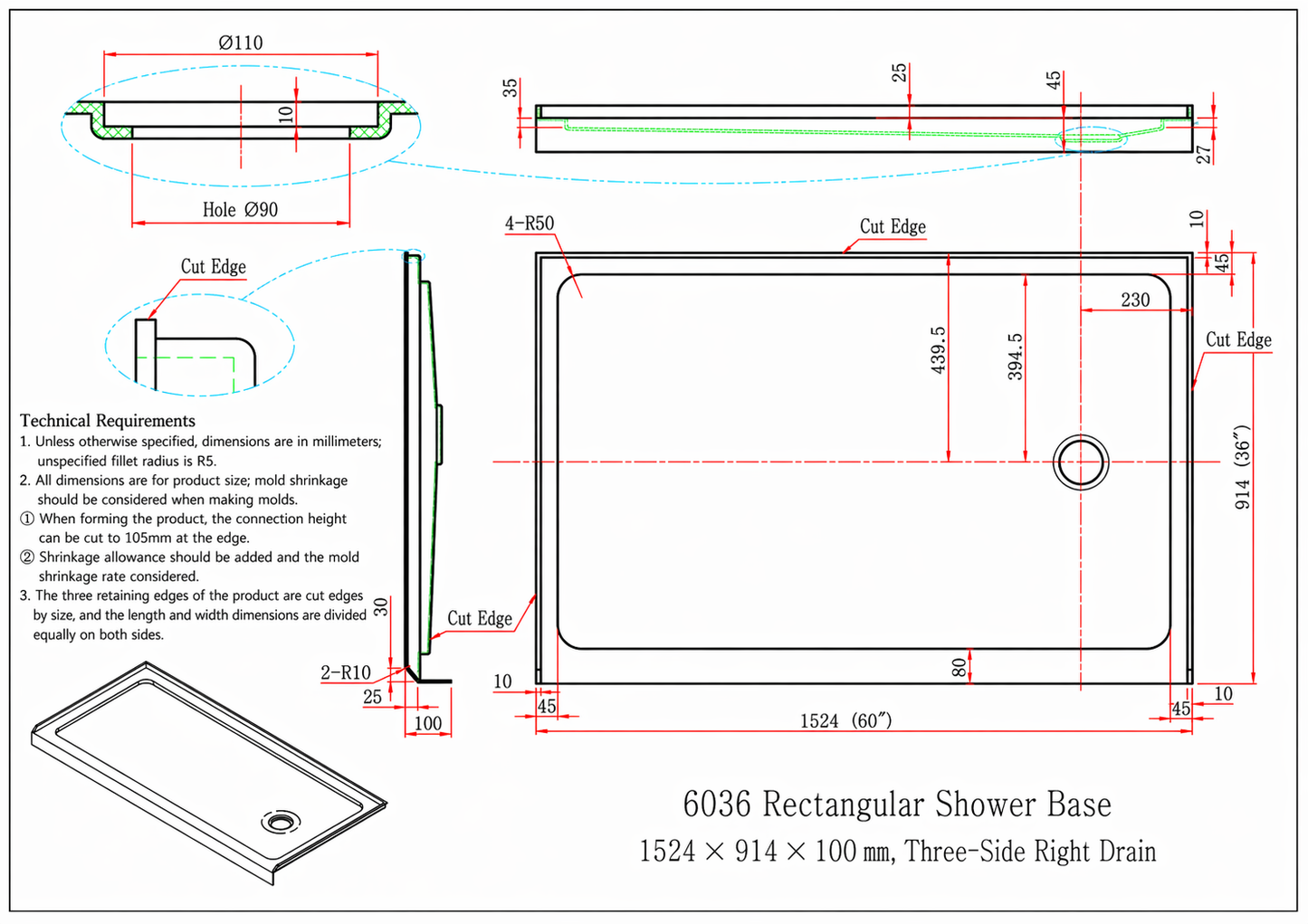Shower Base for Strata (NBB-622) / Cascade (NKB-622) / Rainhaven (W12-621) Series Shower Doors