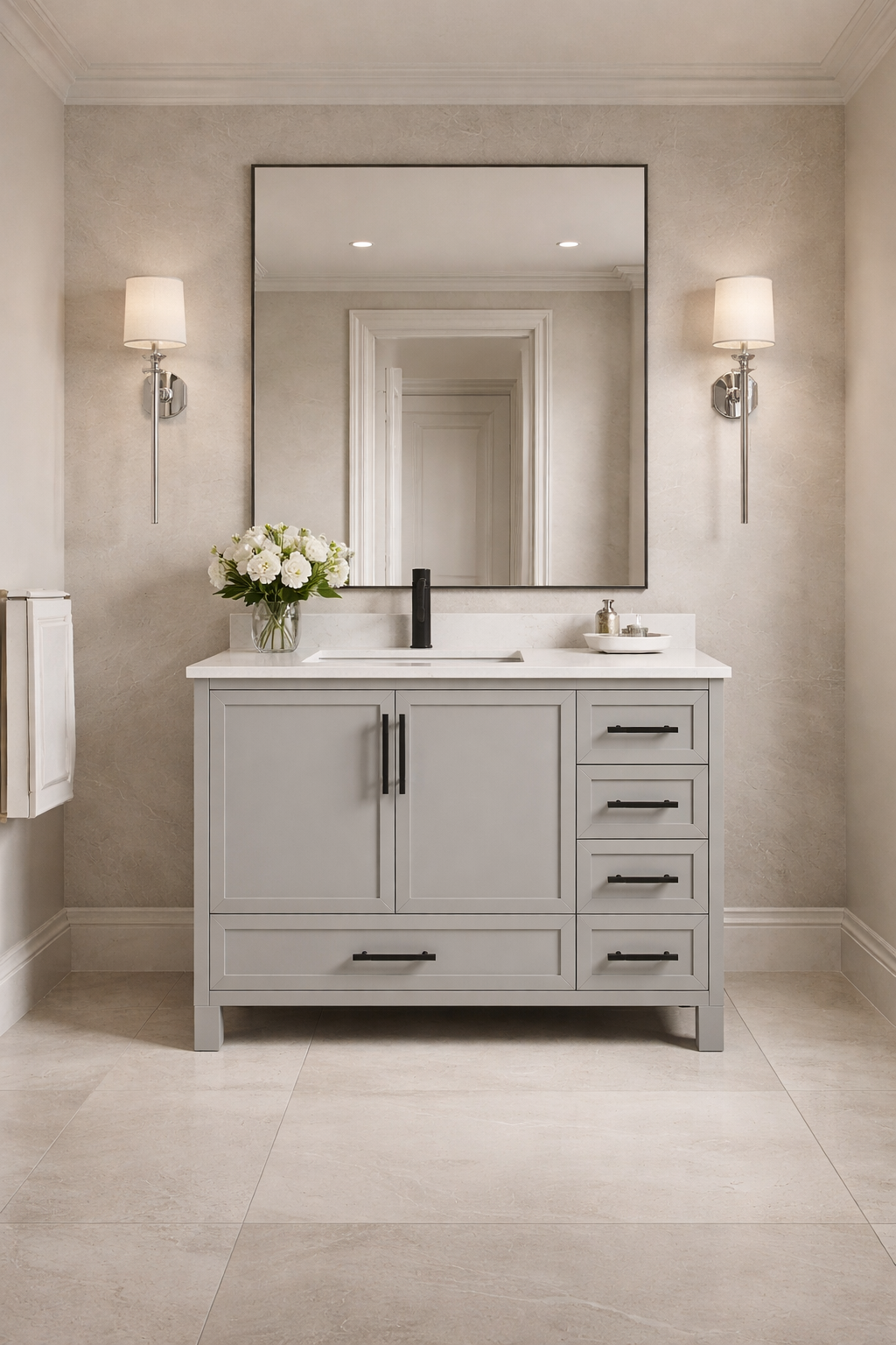 Terrence II Single Sink Bathroom Vanity With Stealth Organizer, Solid Wood Bathroom Cabinet with Engineered Stone Countertop & Backspalsh, Soft Closing Door & Drawer, Pre-Assembled