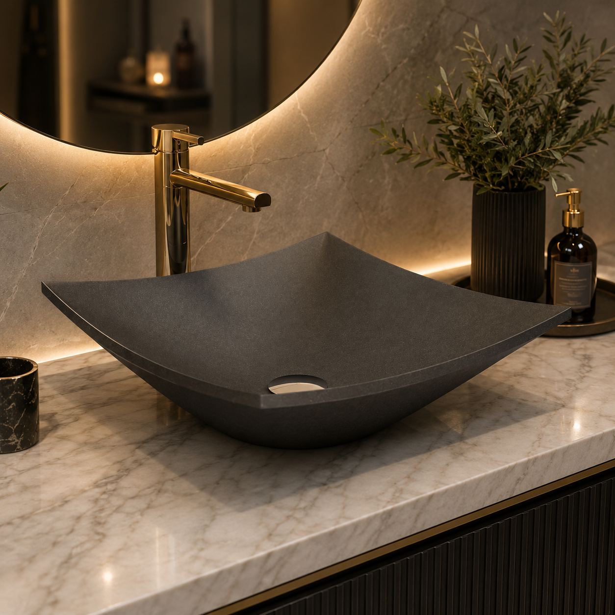 Mobius Natural Granite Vessel Bathroom Sink - Premium Above Counter Stone Basin