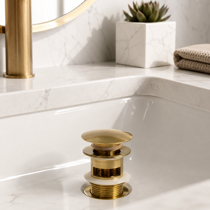 Kirk Brushed Gold Pop-Up Drain for Bathroom Sink - Brass Bathroom Drain Assembly with Overflow