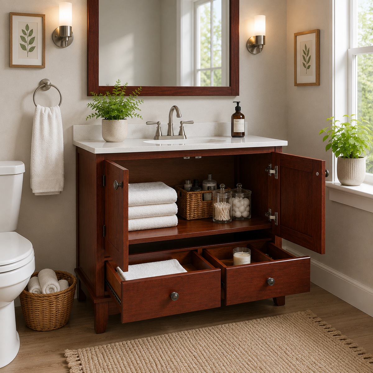 36" Solid Wood Freestanding Bathroom Vanity Cabinet | Cherry & White