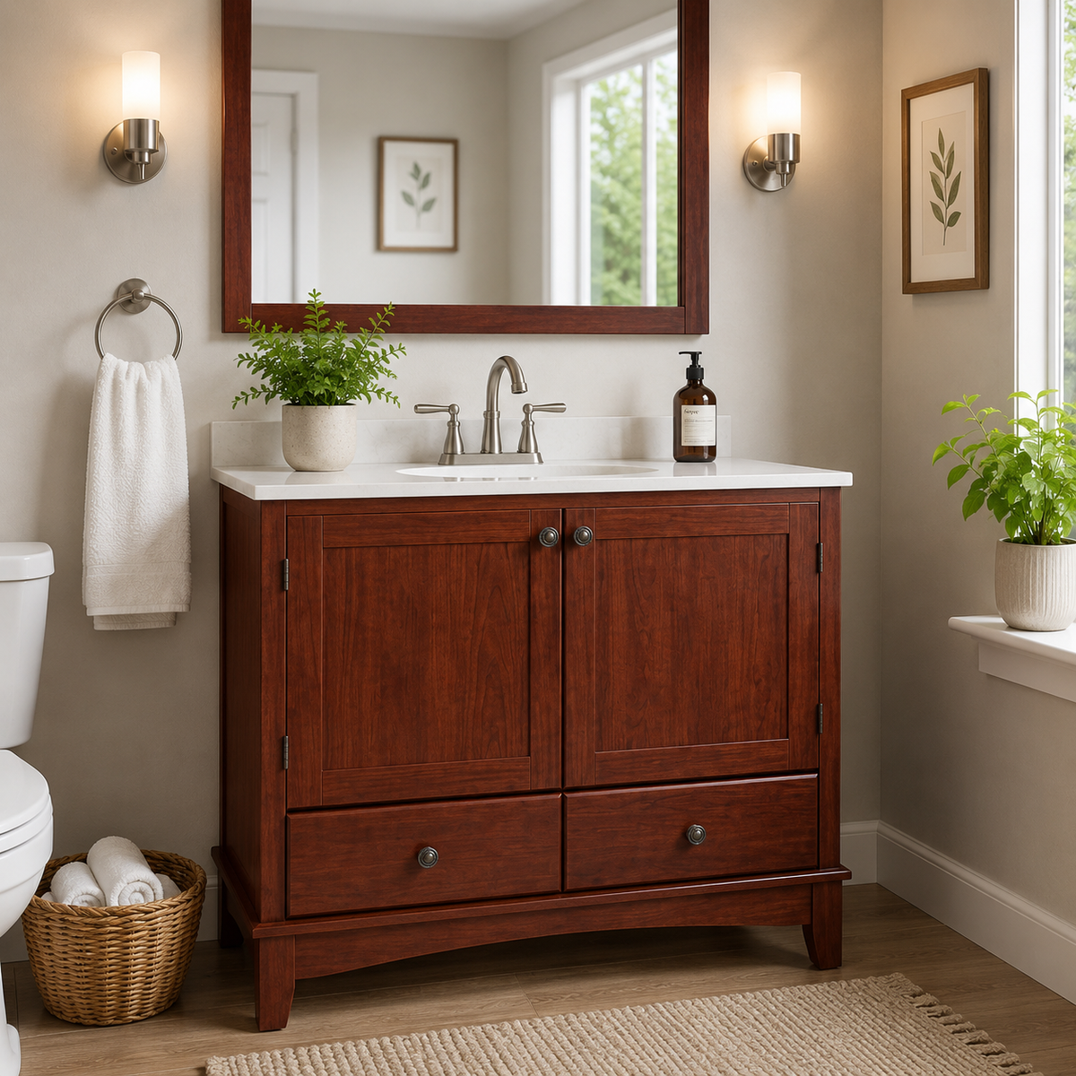 36" Solid Wood Freestanding Bathroom Vanity Cabinet | Cherry & White