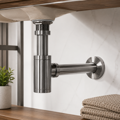 Kirk Brushed Steel P-Trap for Bathroom Sink – Decorative Stainless Steel Bottle Trap