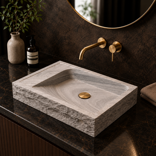 Roman Natural Sandstone Bathroom Vessel Sink - Luxury Rectangular Stone Basin