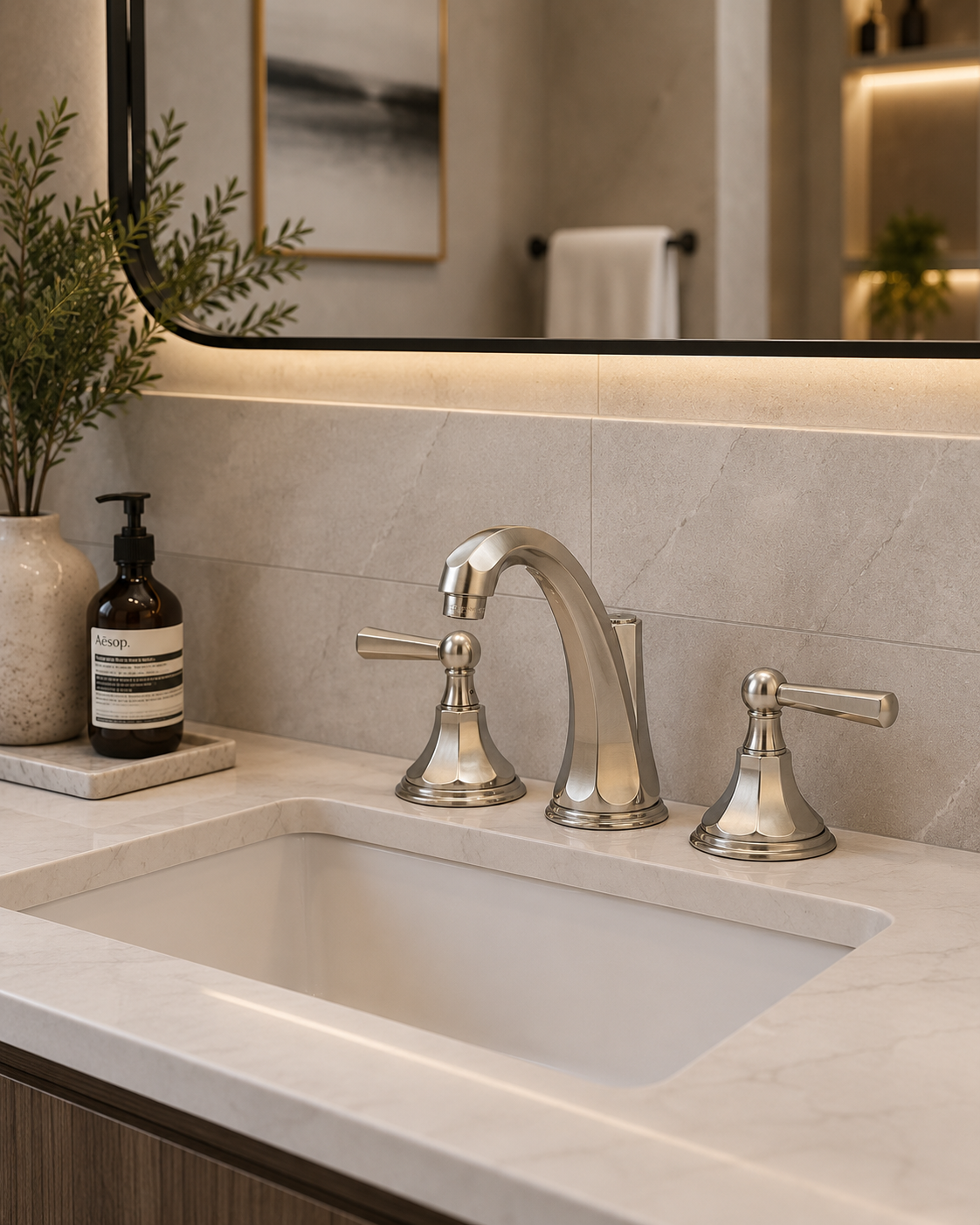 Julliard Brushed Nickel Widespread Bathroom Faucet - Solid Brass Double Handle Vanity Faucet