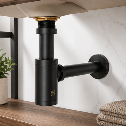 Kirk Matte Black P-Trap for Bathroom Sink – Decorative Brass Bottle Trap