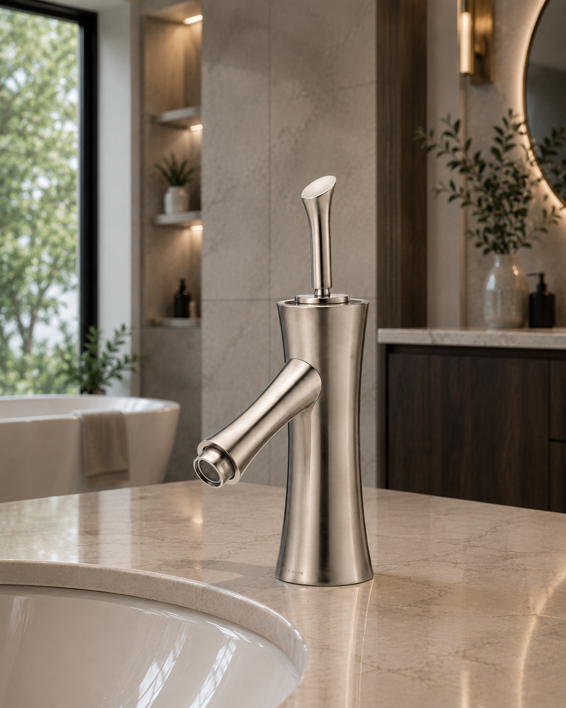 Bamboo Brushed Nickel Tall Bathroom Faucet - Solid Brass Single Lever Vessel Sink Faucet