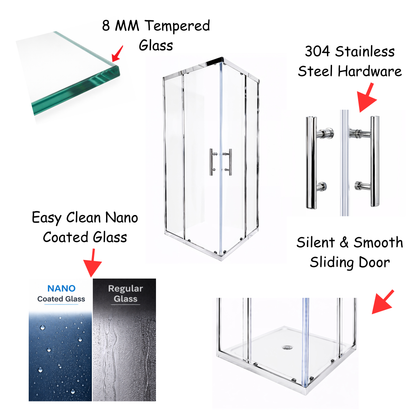 Vellum (NCA-142) Framed Corner Sliding Shower Enclosure, 8mm Tempered Glass, 32" x 32" x 71", Chrome