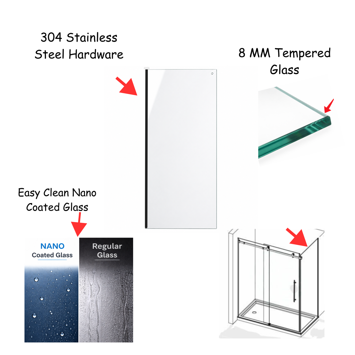 W02020 Side Glass Panel for Frameless Shower Door W12-621 (Rainhaven)