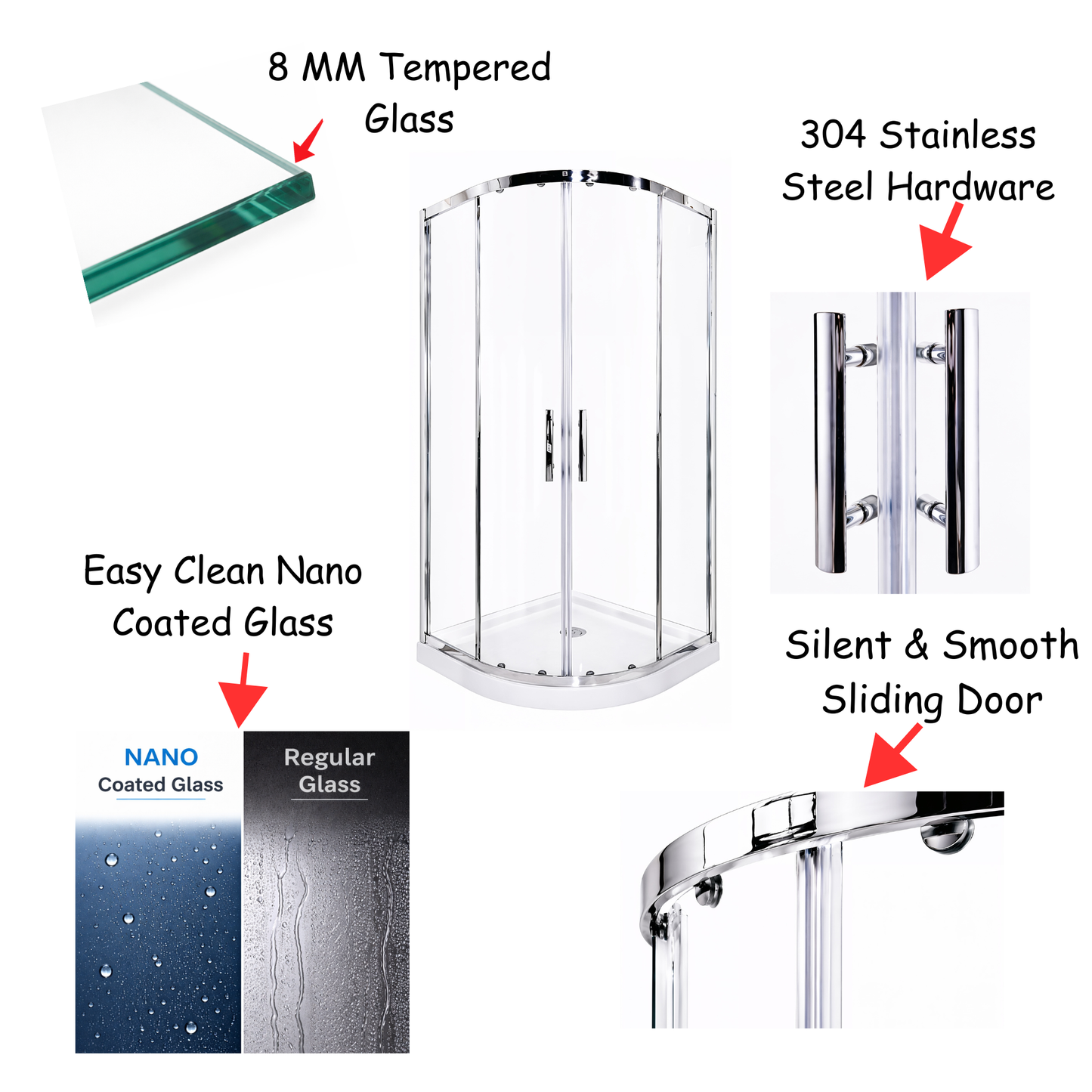 Linea (NCA-442) Framed Curved Quadrant Sliding Shower Enclosure, 8mm Tempered Glass, 36" x 36" x 71", Chrome