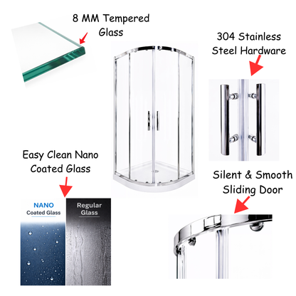 Linea (NCA-442) Framed Curved Quadrant Sliding Shower Enclosure, 8mm Tempered Glass, 36" x 36" x 71", Chrome