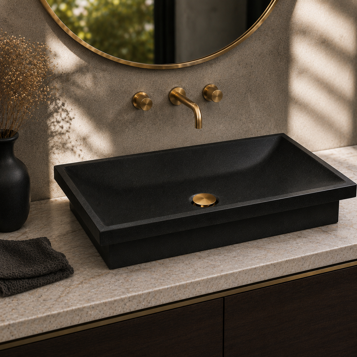 Kubrick Natural Granite Vessel Bathroom Sink - Luxury Above Counter Stone Basin