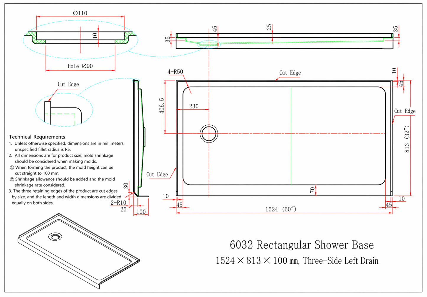 Shower Base for Strata (NBB-622) / Cascade (NKB-622) / Rainhaven (W12-621) Series Shower Doors