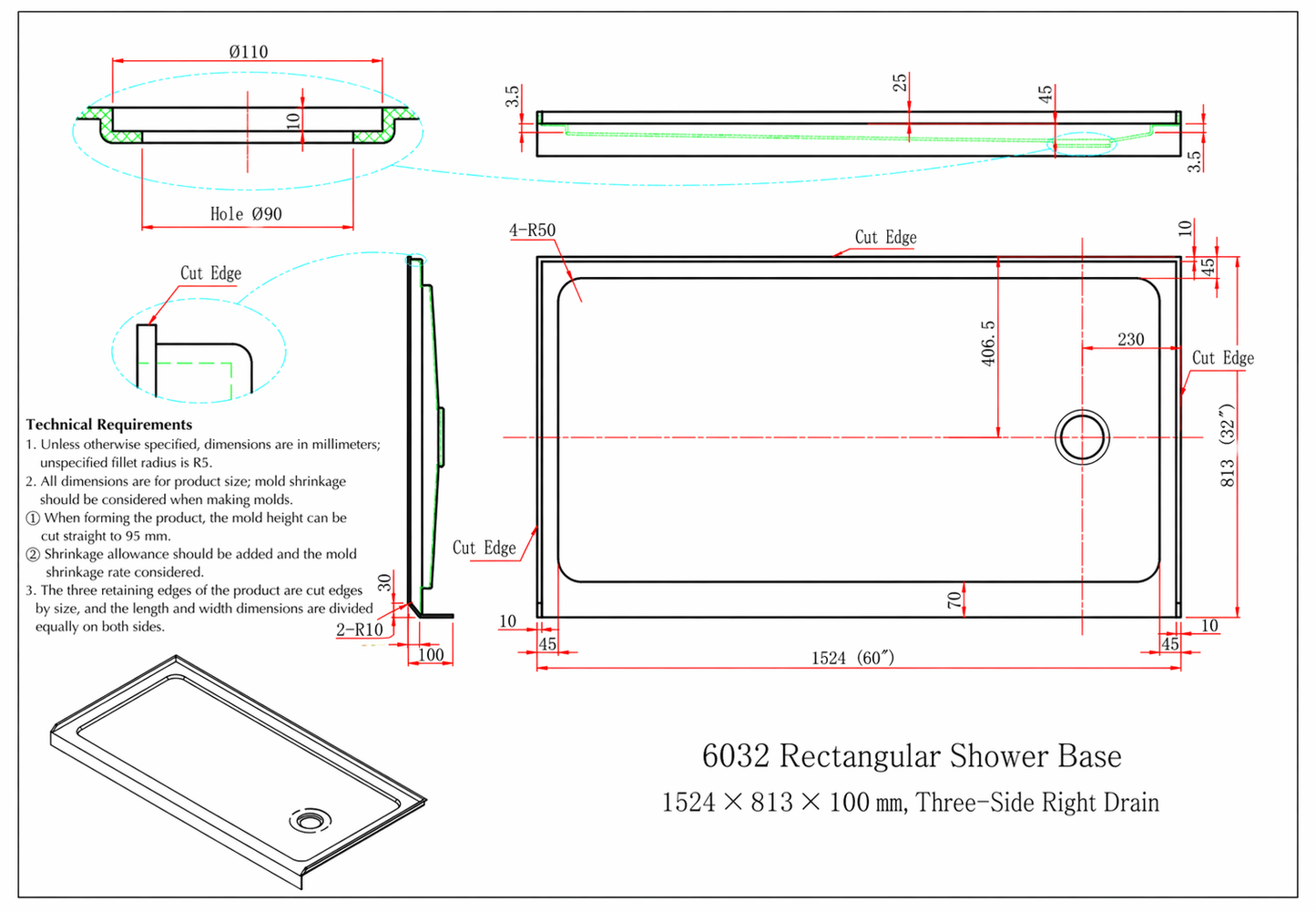 Shower Base for Strata (NBB-622) / Cascade (NKB-622) / Rainhaven (W12-621) Series Shower Doors