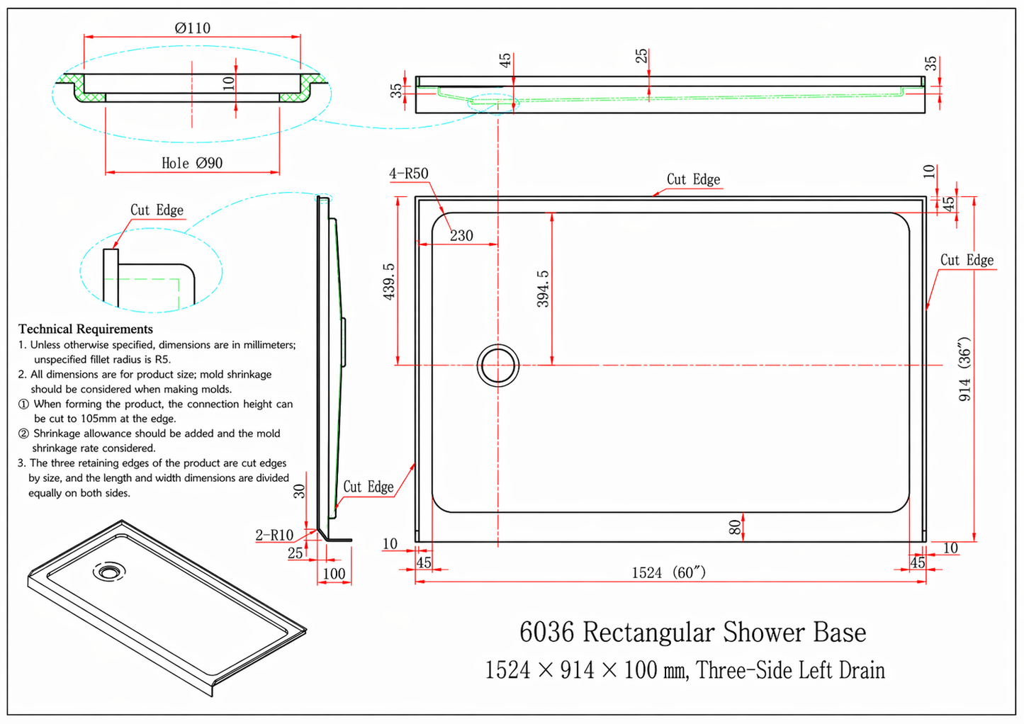Shower Base for Strata (NBB-622) / Cascade (NKB-622) / Rainhaven (W12-621) Series Shower Doors