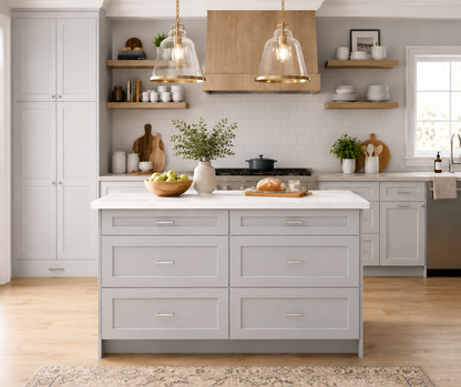 Studio Kitchen 60" Kitchen Island with 6 Drawers, White Countertop & Shaker Style Design, Freestanding Kitchen Storage Island Cabinet, Available in Shaker White or Wood Grey