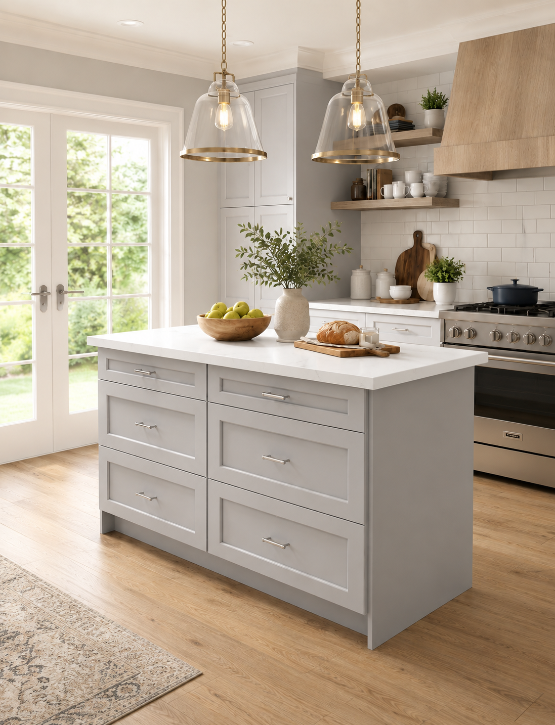 Studio Kitchen 60" Kitchen Island with 6 Drawers, White Countertop & Shaker Style Design, Freestanding Kitchen Storage Island Cabinet, Available in Shaker White or Wood Grey
