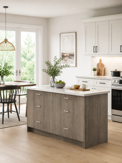Studio Kitchen 60" Kitchen Island with 6 Drawers, White Countertop & Shaker Style Design, Freestanding Kitchen Storage Island Cabinet, Available in Shaker White or Wood Grey