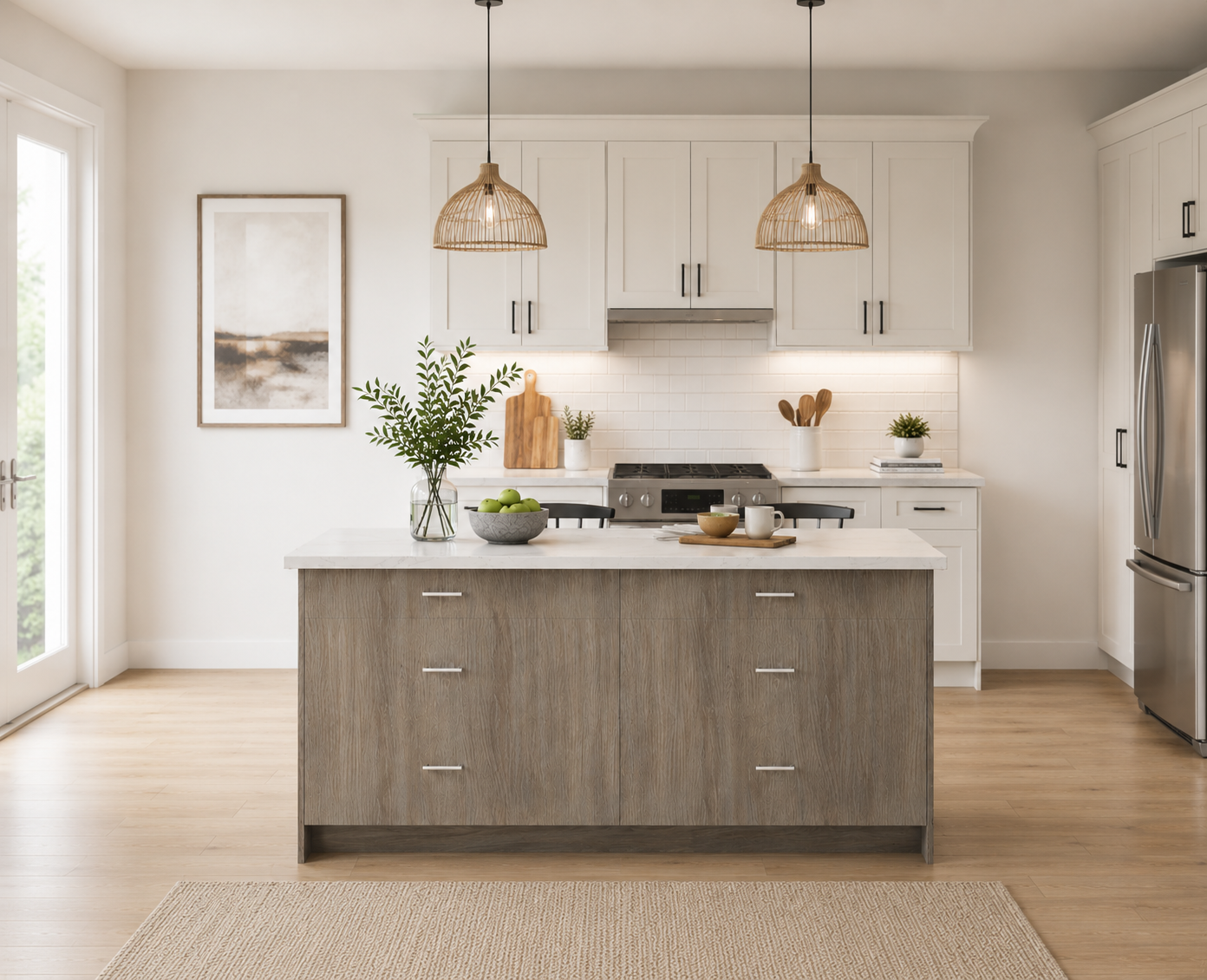 Studio Kitchen 60" Kitchen Island with 6 Drawers, White Countertop & Shaker Style Design, Freestanding Kitchen Storage Island Cabinet, Available in Shaker White or Wood Grey