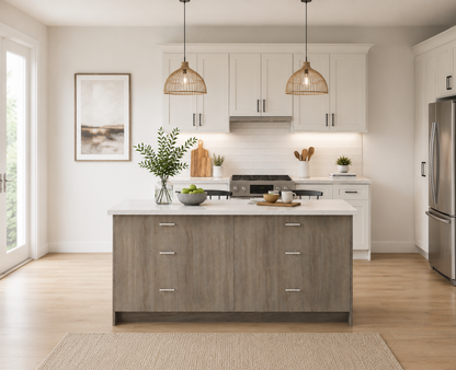 Studio Kitchen 60" Kitchen Island with 6 Drawers, White Countertop & Shaker Style Design, Freestanding Kitchen Storage Island Cabinet, Available in Shaker White or Wood Grey