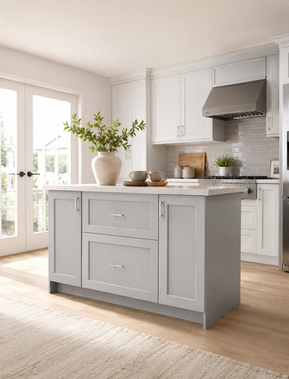 Studio Kitchen 60" Kitchen Island Cabinet with 2 Drawers & 2 Doors | Shaker White & Wood Grey