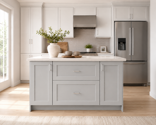 Studio Kitchen 60" Kitchen Island Cabinet with 2 Drawers & 2 Doors | Shaker White & Wood Grey