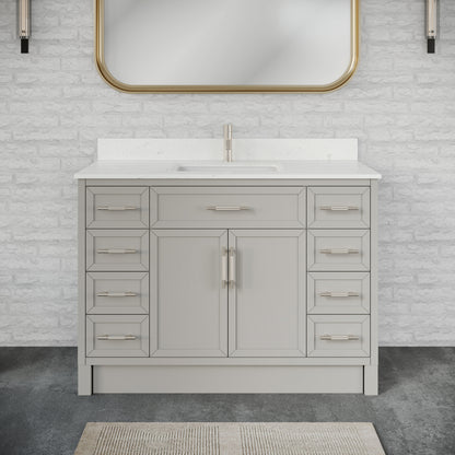 Blakely II Single Sink Bathroom Vanity with Stealth Organizer, Solid Wood Bathroom Cabinet with Engineered Stone Countertop & Backspalsh, Soft Closing Door & Drawer, Pre-Assembled
