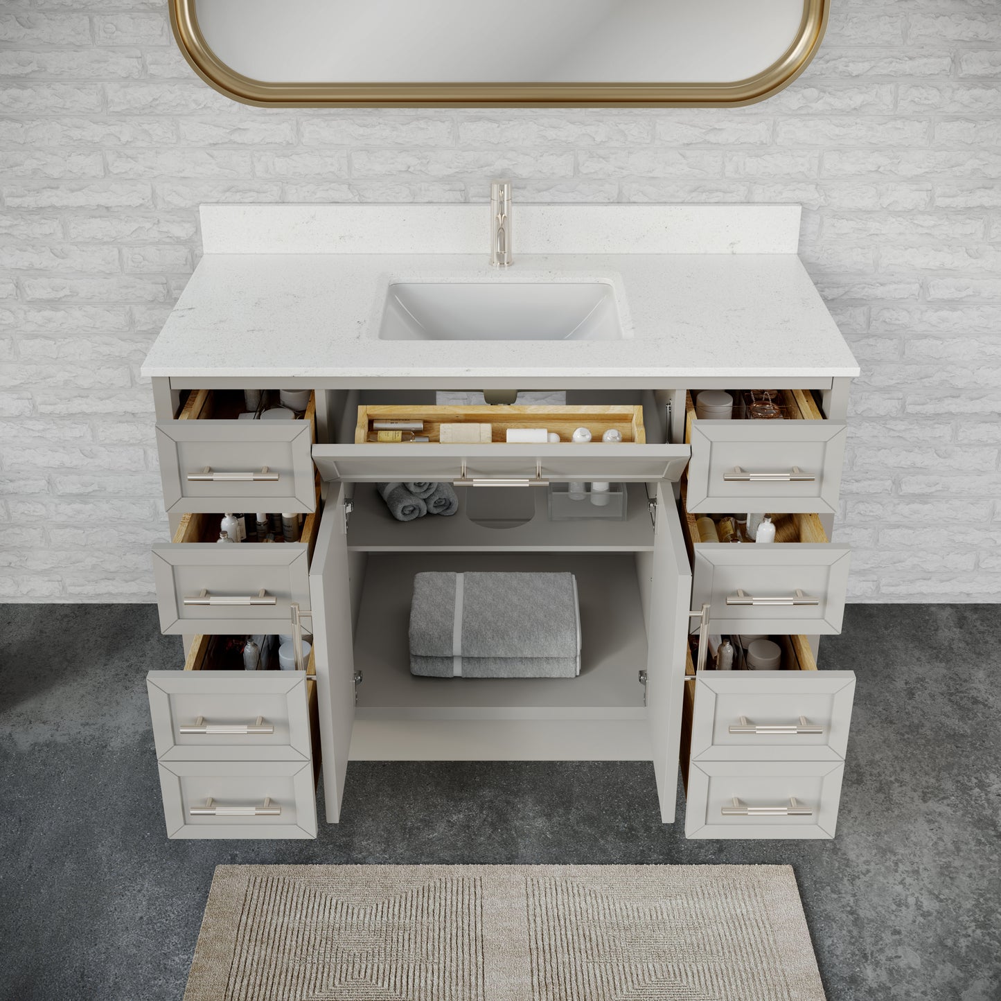 Blakely II Single Sink Bathroom Vanity with Stealth Organizer, Solid Wood Bathroom Cabinet with Engineered Stone Countertop & Backspalsh, Soft Closing Door & Drawer, Pre-Assembled