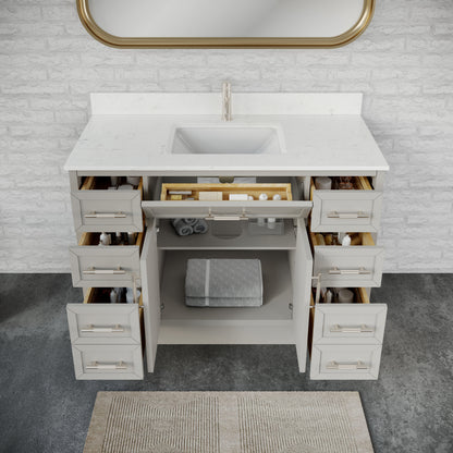 Blakely II Single Sink Bathroom Vanity with Stealth Organizer, Solid Wood Bathroom Cabinet with Engineered Stone Countertop & Backspalsh, Soft Closing Door & Drawer, Pre-Assembled