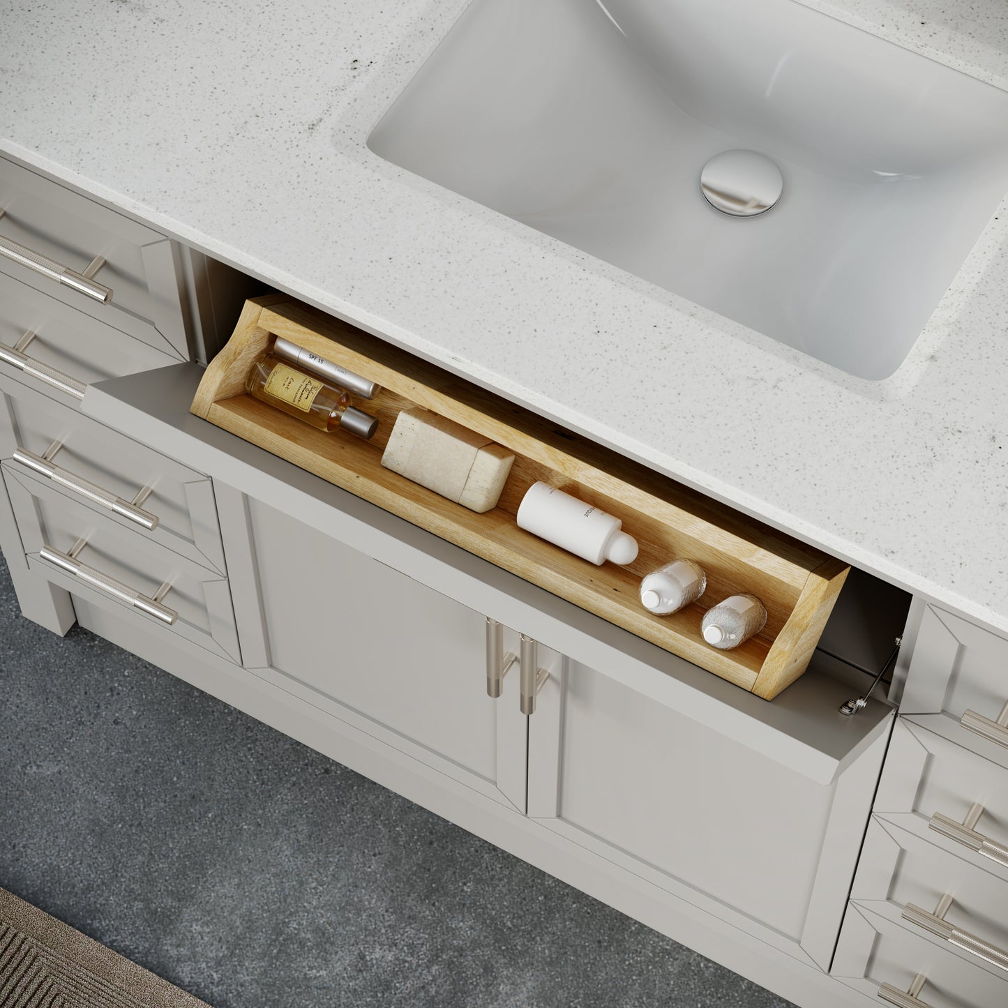Blakely II Single Sink Bathroom Vanity with Stealth Organizer, Solid Wood Bathroom Cabinet with Engineered Stone Countertop & Backspalsh, Soft Closing Door & Drawer, Pre-Assembled