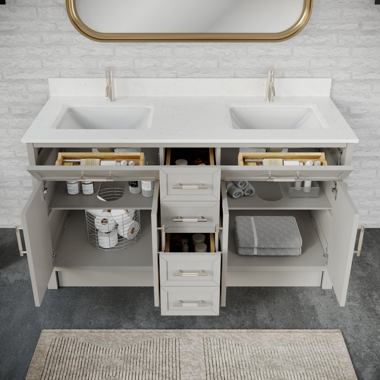 Blakely II Single Sink Bathroom Vanity with Stealth Organizer, Solid Wood Bathroom Cabinet with Engineered Stone Countertop & Backspalsh, Soft Closing Door & Drawer, Pre-Assembled