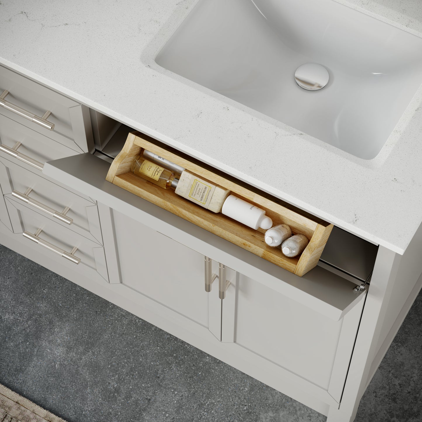Blakely II Single Sink Bathroom Vanity with Stealth Organizer, Solid Wood Bathroom Cabinet with Engineered Stone Countertop & Backspalsh, Soft Closing Door & Drawer, Pre-Assembled