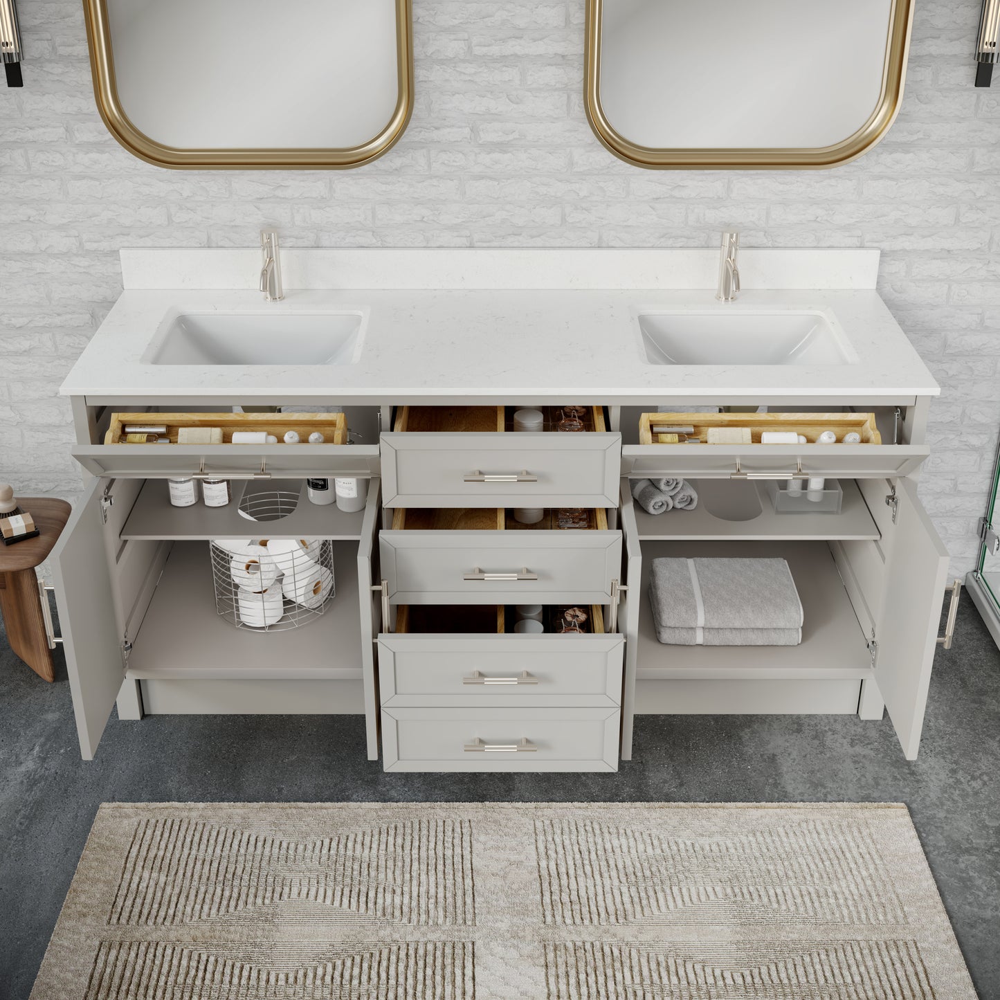 Blakely II Single Sink Bathroom Vanity with Stealth Organizer, Solid Wood Bathroom Cabinet with Engineered Stone Countertop & Backspalsh, Soft Closing Door & Drawer, Pre-Assembled
