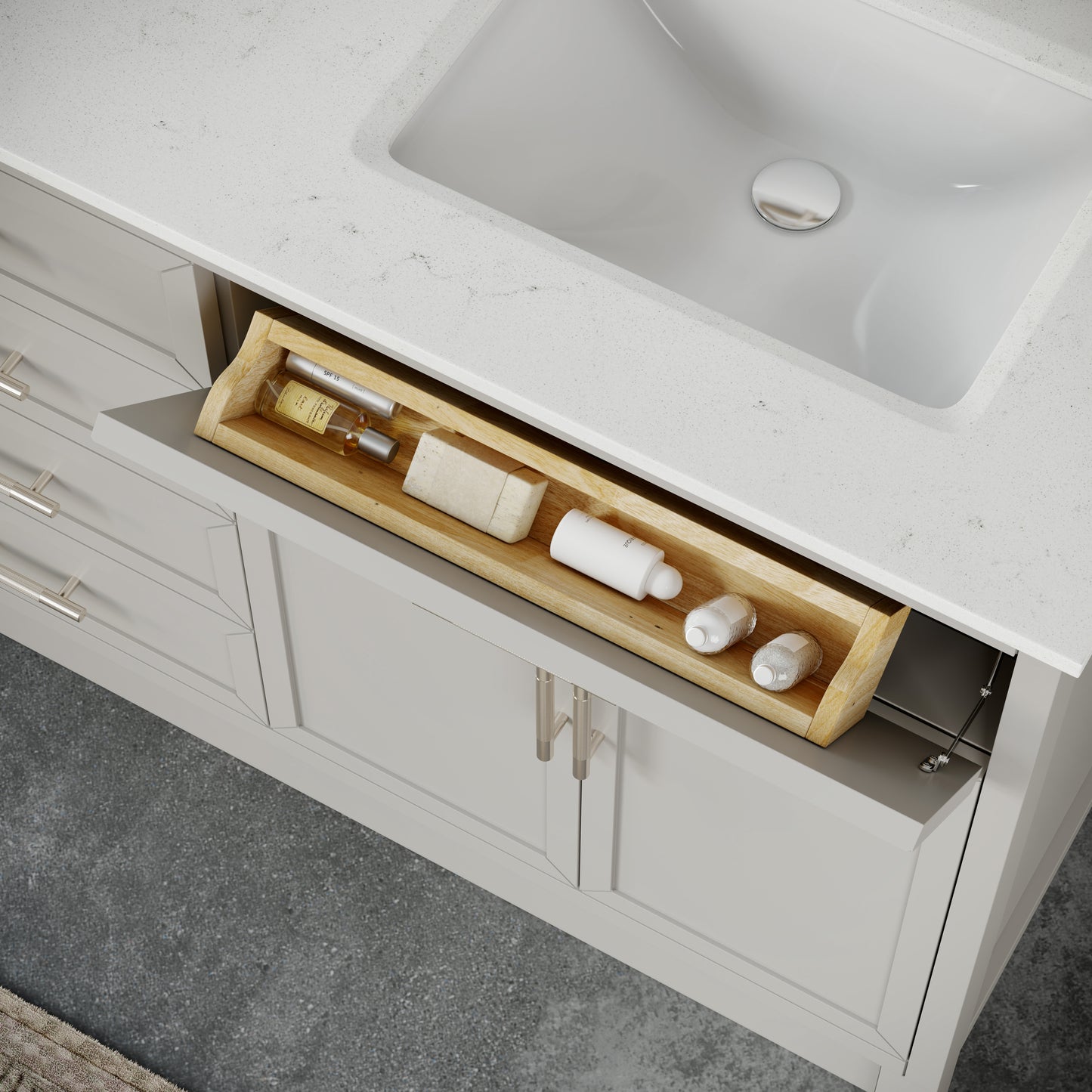 Blakely II Single Sink Bathroom Vanity with Stealth Organizer, Solid Wood Bathroom Cabinet with Engineered Stone Countertop & Backspalsh, Soft Closing Door & Drawer, Pre-Assembled