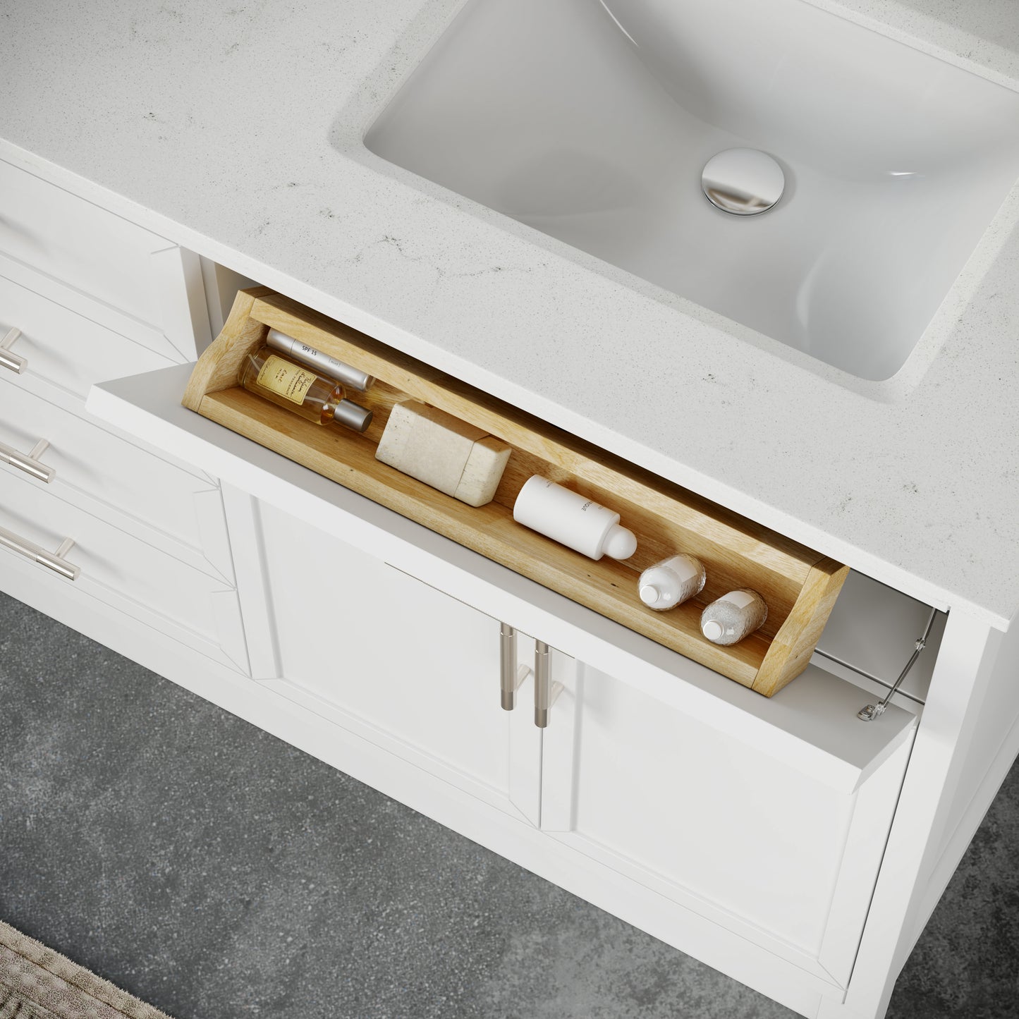 Blakely II Single Sink Bathroom Vanity with Stealth Organizer, Solid Wood Bathroom Cabinet with Engineered Stone Countertop & Backspalsh, Soft Closing Door & Drawer, Pre-Assembled