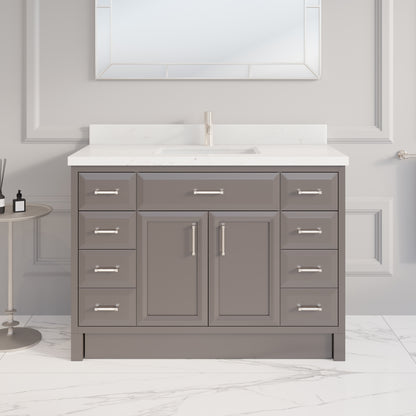Meuble-lavabo simple Capri III avec organiseur Stealth, armoire de salle de bain en bois massif avec comptoir et dosseret en pierre reconstituée, porte et tiroir à fermeture amortie, pré-assemblé