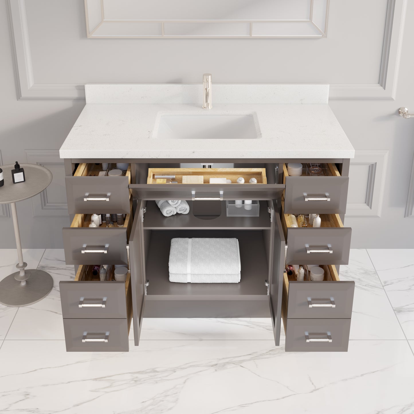Meuble-lavabo simple Capri III avec organiseur Stealth, armoire de salle de bain en bois massif avec comptoir et dosseret en pierre reconstituée, porte et tiroir à fermeture amortie, pré-assemblé
