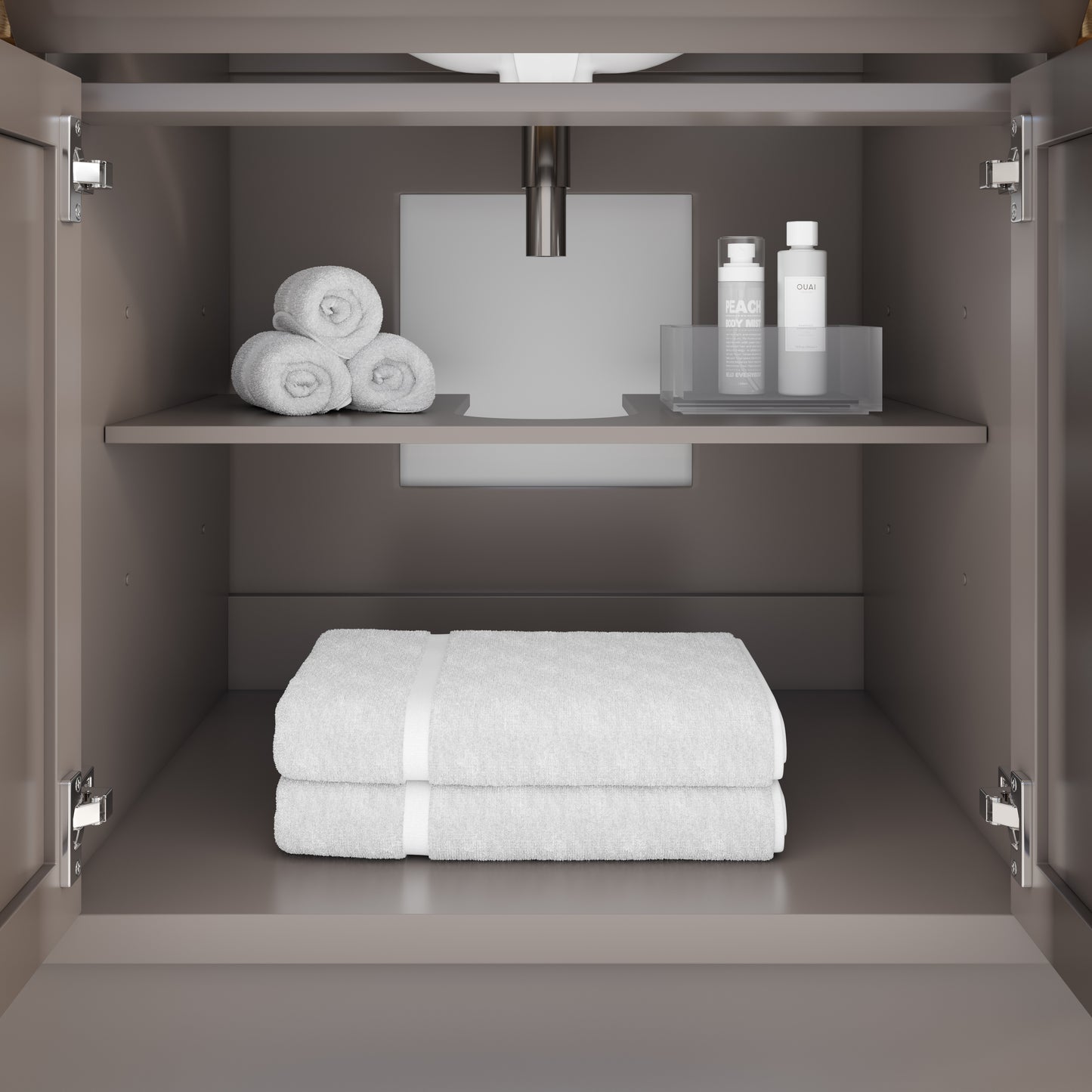 Meuble-lavabo simple Capri III avec organiseur Stealth, armoire de salle de bain en bois massif avec comptoir et dosseret en pierre reconstituée, porte et tiroir à fermeture amortie, pré-assemblé