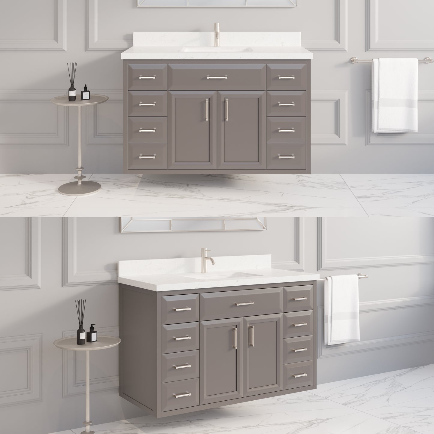Meuble-lavabo simple Capri III avec organiseur Stealth, armoire de salle de bain en bois massif avec comptoir et dosseret en pierre reconstituée, porte et tiroir à fermeture amortie, pré-assemblé