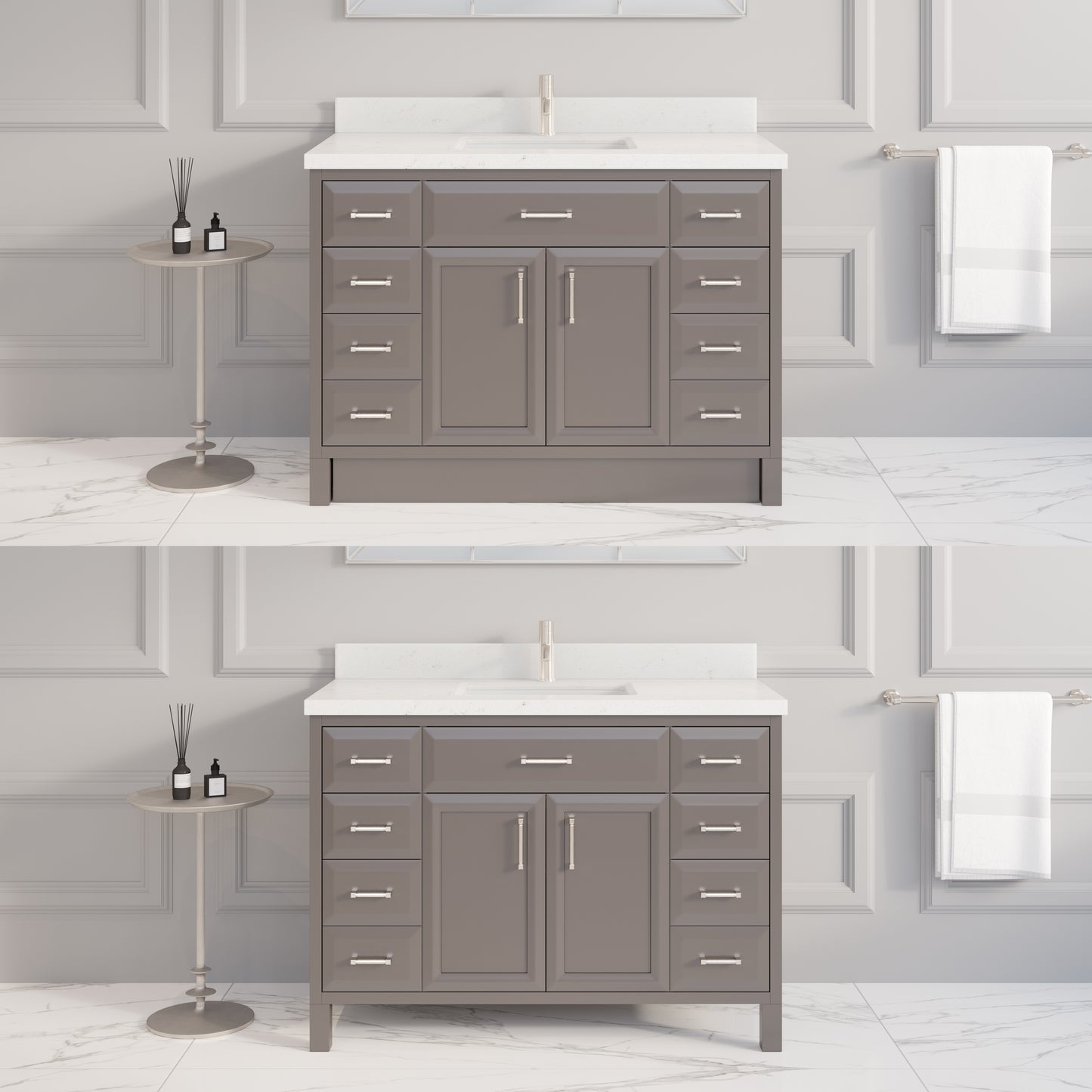 Meuble-lavabo simple Capri III avec organiseur Stealth, armoire de salle de bain en bois massif avec comptoir et dosseret en pierre reconstituée, porte et tiroir à fermeture amortie, pré-assemblé