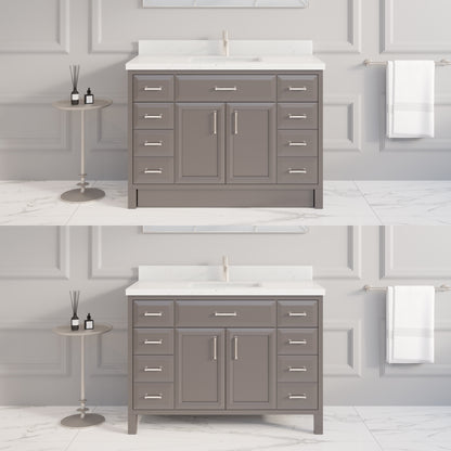 Meuble-lavabo simple Capri III avec organiseur Stealth, armoire de salle de bain en bois massif avec comptoir et dosseret en pierre reconstituée, porte et tiroir à fermeture amortie, pré-assemblé