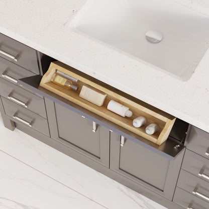 Meuble-lavabo simple Capri III avec organiseur Stealth, armoire de salle de bain en bois massif avec comptoir et dosseret en pierre reconstituée, porte et tiroir à fermeture amortie, pré-assemblé