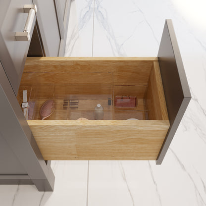 Meuble-lavabo simple Capri III avec organiseur Stealth, armoire de salle de bain en bois massif avec comptoir et dosseret en pierre reconstituée, porte et tiroir à fermeture amortie, pré-assemblé
