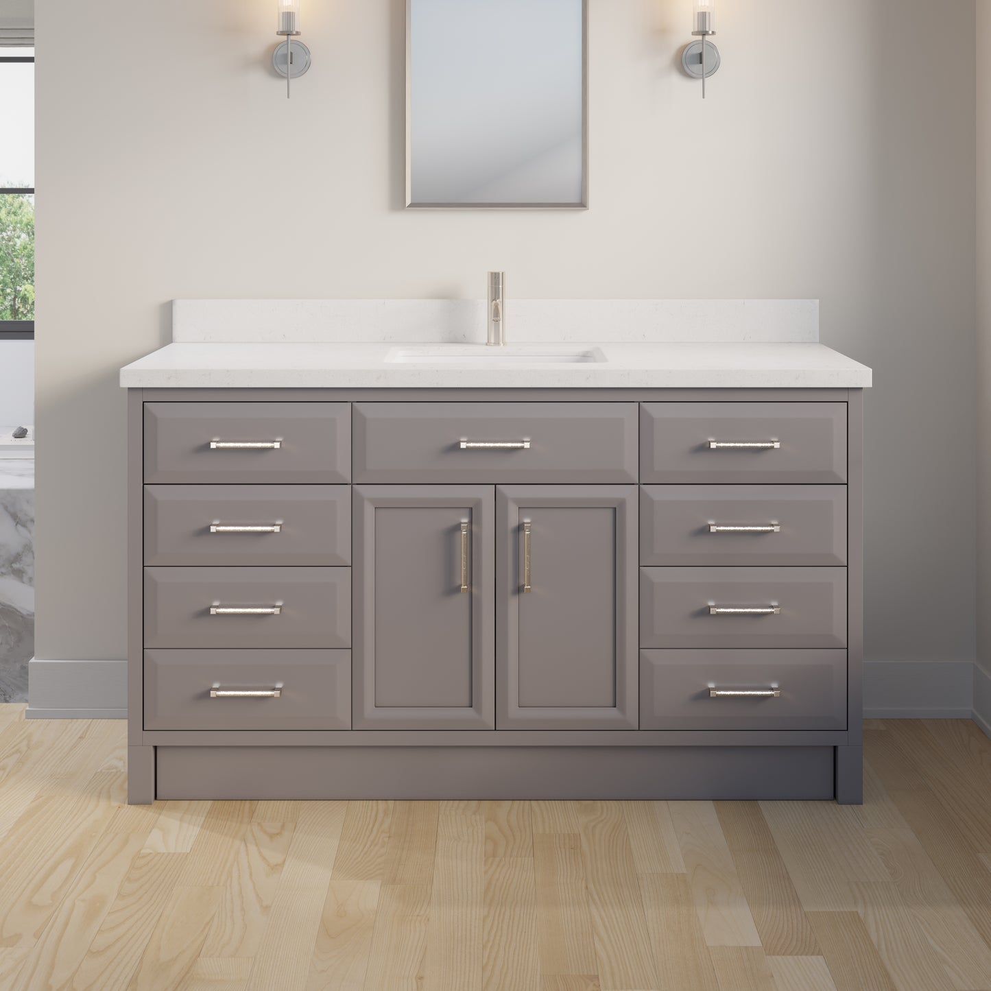 Meuble-lavabo simple Capri III avec organiseur Stealth, armoire de salle de bain en bois massif avec comptoir et dosseret en pierre reconstituée, porte et tiroir à fermeture amortie, pré-assemblé