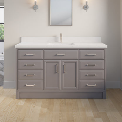 Meuble-lavabo simple Capri III avec organiseur Stealth, armoire de salle de bain en bois massif avec comptoir et dosseret en pierre reconstituée, porte et tiroir à fermeture amortie, pré-assemblé