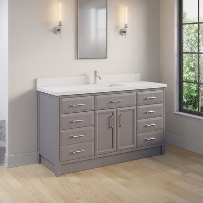Meuble-lavabo simple Capri III avec organiseur Stealth, armoire de salle de bain en bois massif avec comptoir et dosseret en pierre reconstituée, porte et tiroir à fermeture amortie, pré-assemblé