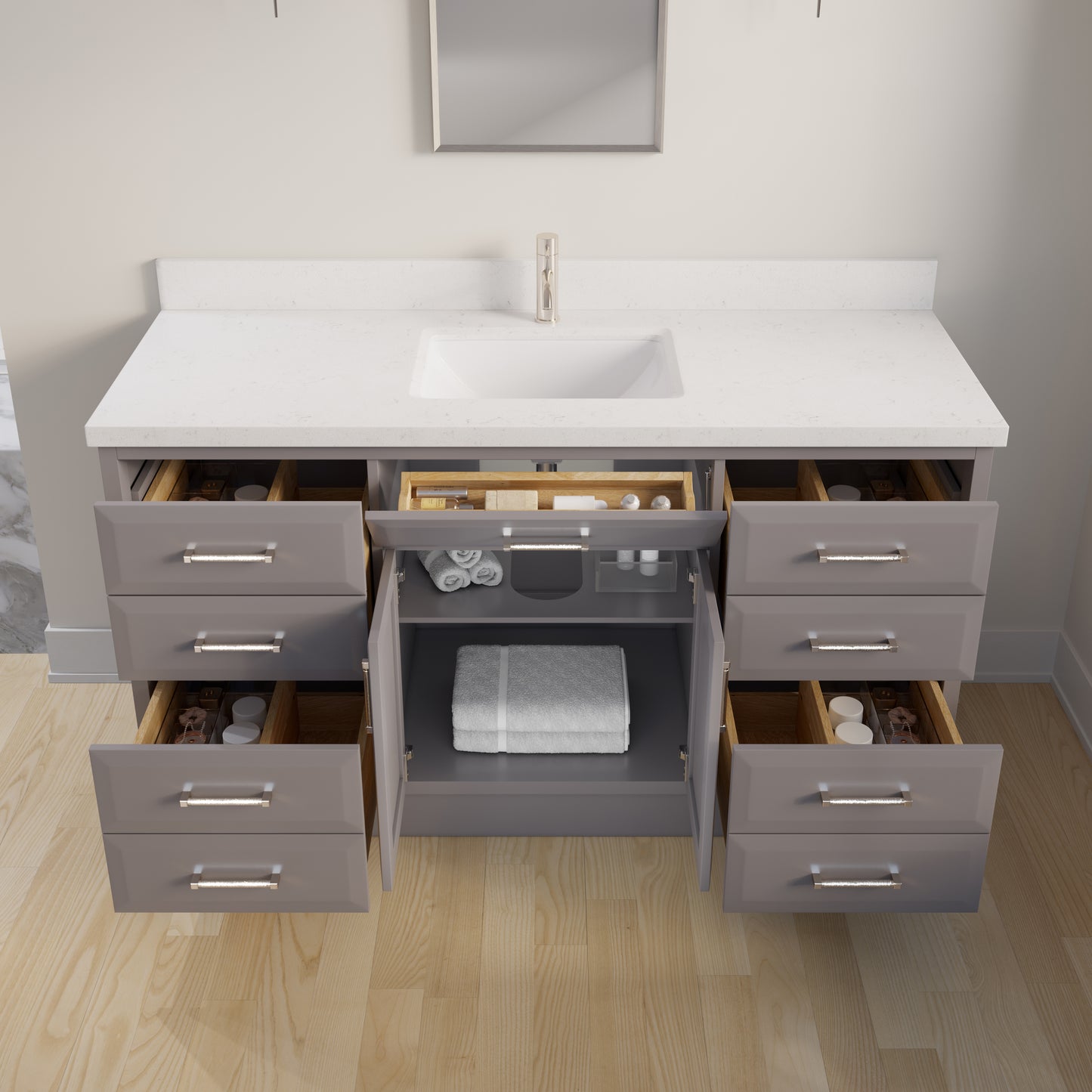 Meuble-lavabo simple Capri III avec organiseur Stealth, armoire de salle de bain en bois massif avec comptoir et dosseret en pierre reconstituée, porte et tiroir à fermeture amortie, pré-assemblé