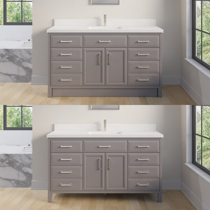 Meuble-lavabo simple Capri III avec organiseur Stealth, armoire de salle de bain en bois massif avec comptoir et dosseret en pierre reconstituée, porte et tiroir à fermeture amortie, pré-assemblé