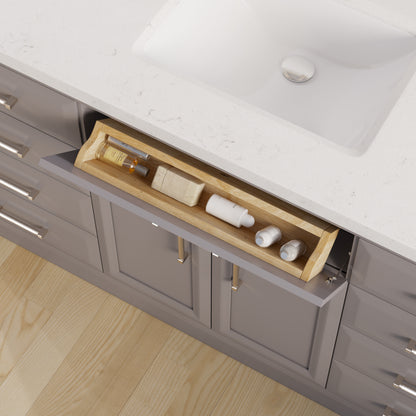 Meuble-lavabo simple Capri III avec organiseur Stealth, armoire de salle de bain en bois massif avec comptoir et dosseret en pierre reconstituée, porte et tiroir à fermeture amortie, pré-assemblé