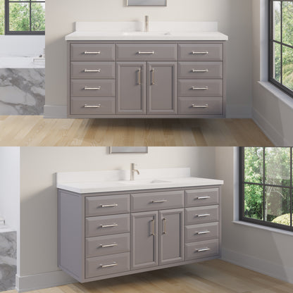 Meuble-lavabo simple Capri III avec organiseur Stealth, armoire de salle de bain en bois massif avec comptoir et dosseret en pierre reconstituée, porte et tiroir à fermeture amortie, pré-assemblé